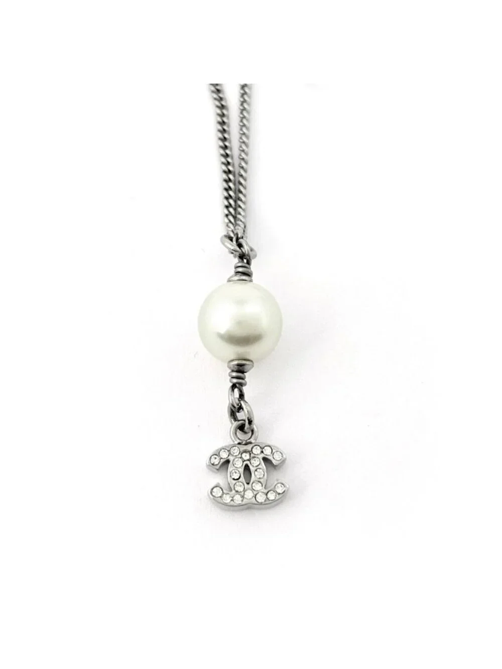 Chanel Necklace CC Logo Faux Pearl Silver Plated Rhinestone